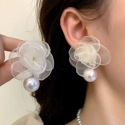 White Rose Pearl Earrings
