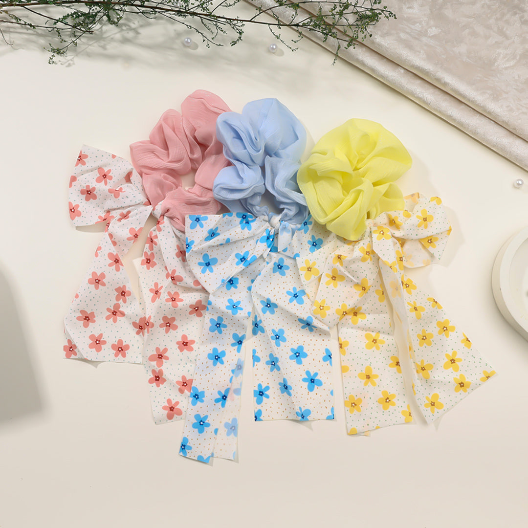 Floral Hair Scrunchies with Ribbon (pack of 2)