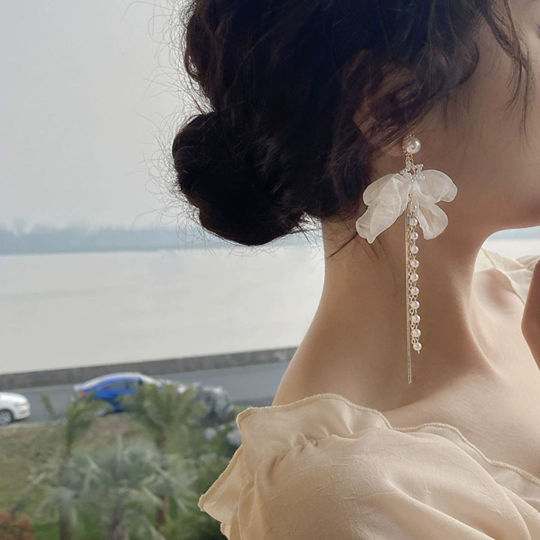 Chiffon Bow & Pearl Tassel Earrings
