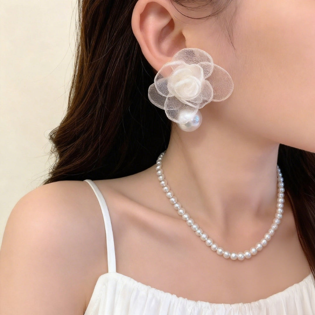 White Rose Pearl Earrings