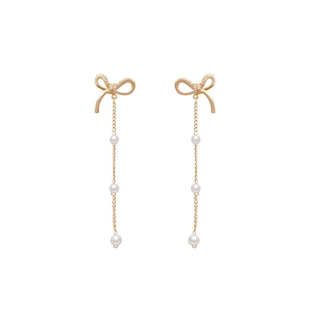 Golden Ribbon Pearl Dangles