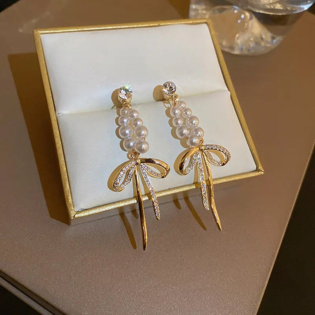 Ribbon Pearl Dangles Earrings