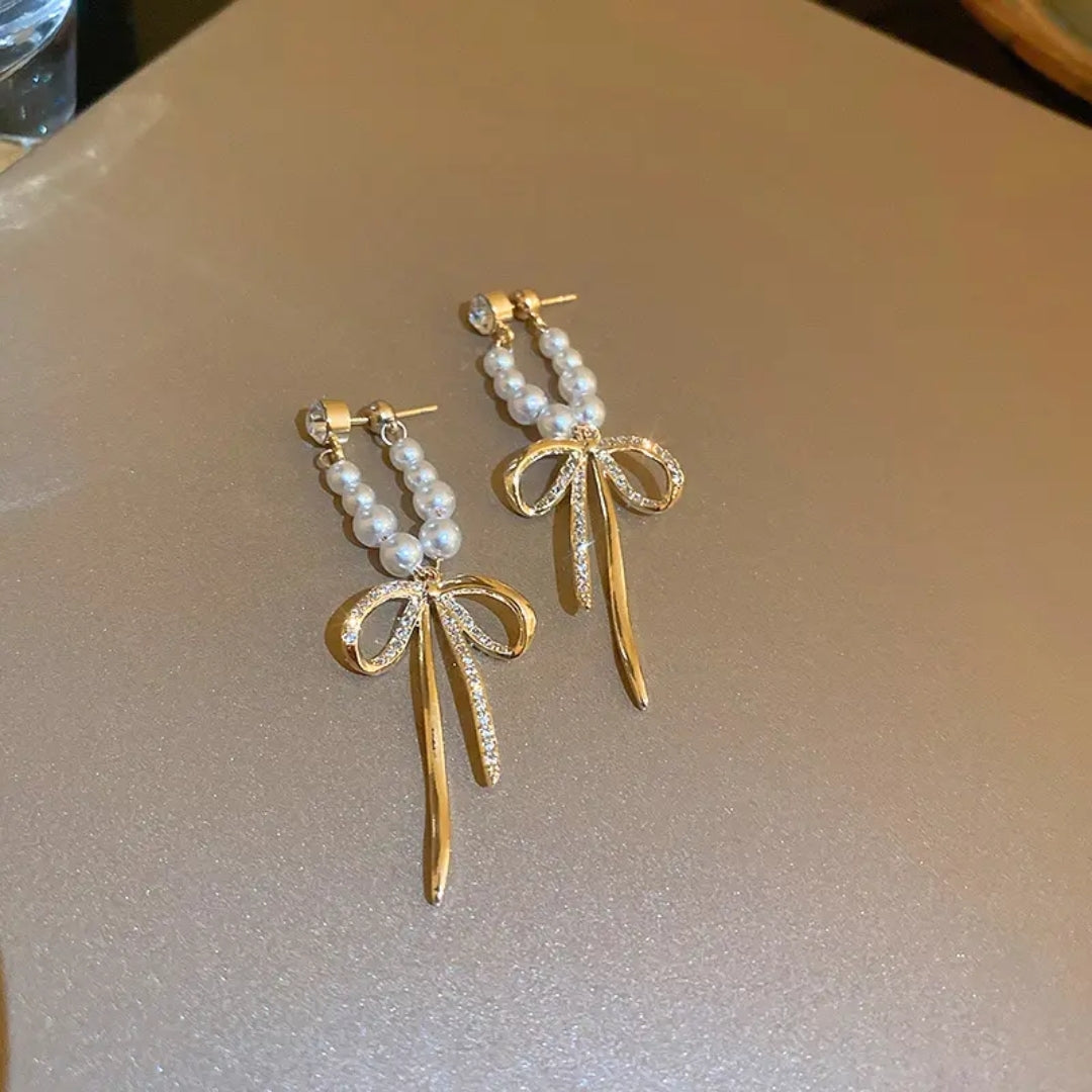 Ribbon Pearl Dangles Earrings