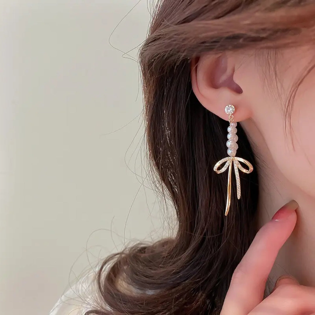 Ribbon Pearl Dangles Earrings