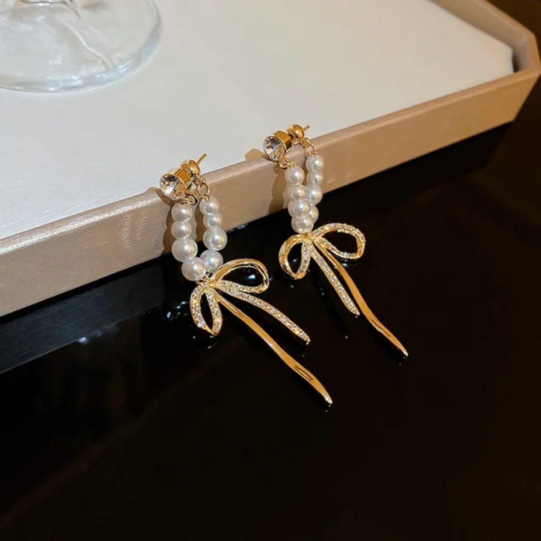 Ribbon Pearl Dangles Earrings