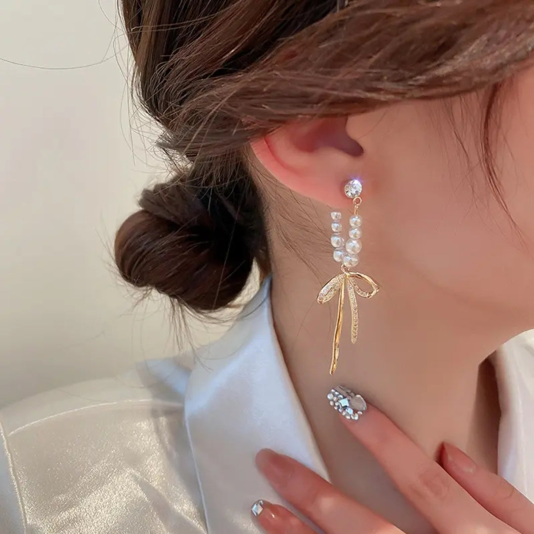 Ribbon Pearl Dangles Earrings