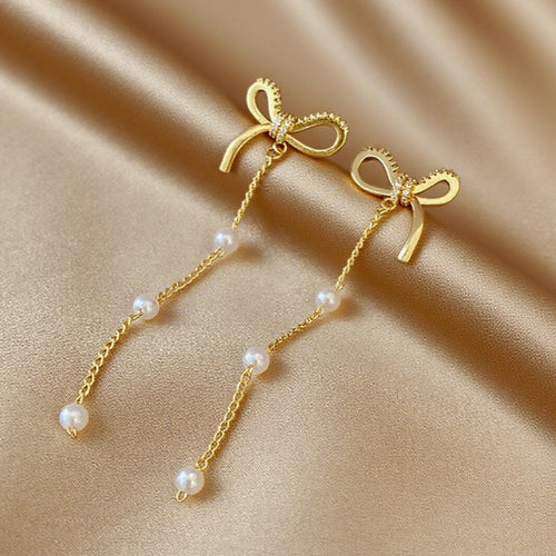 Golden Ribbon Pearl Dangles