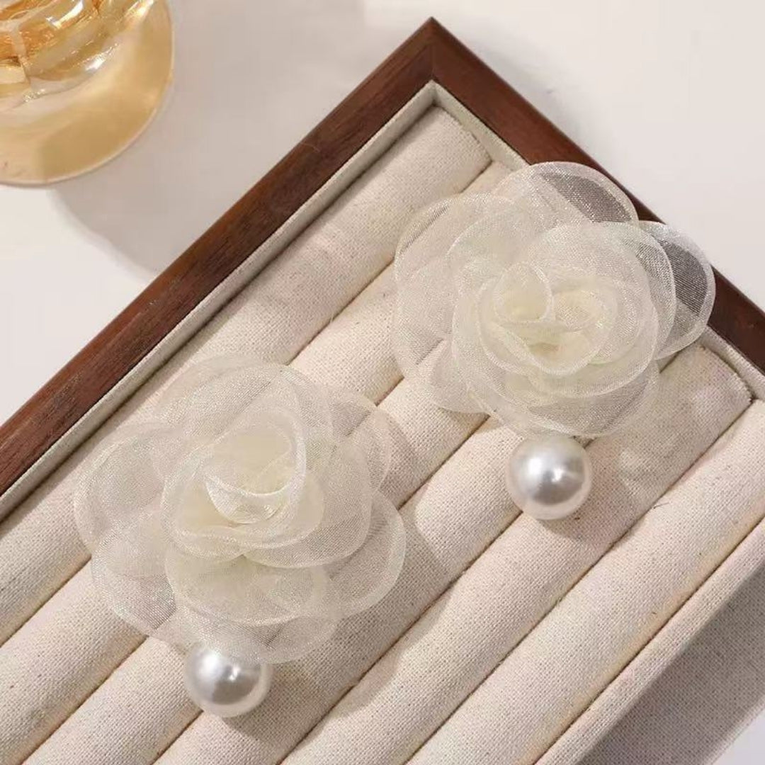 White Rose Pearl Earrings