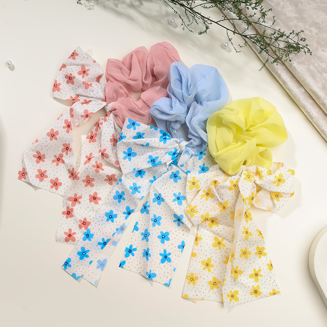 Floral Hair Scrunchies with Ribbon (pack of 2)