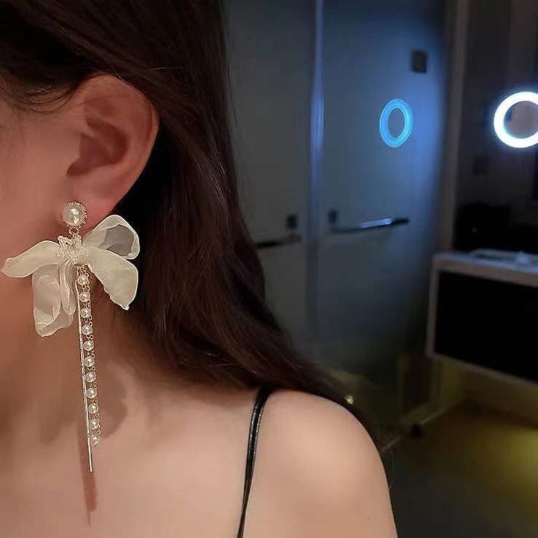 Chiffon Bow & Pearl Tassel Earrings