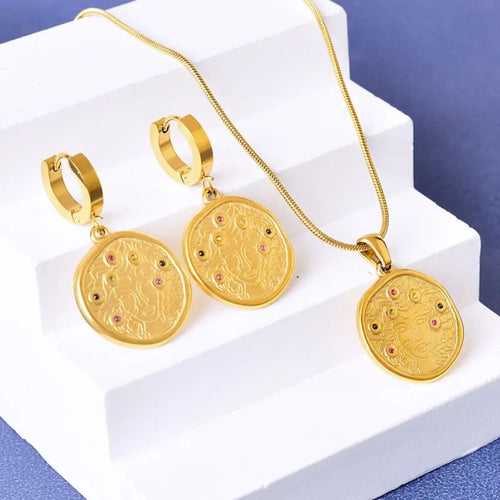 Medallion Coin Necklace & Hoop Earrings Set