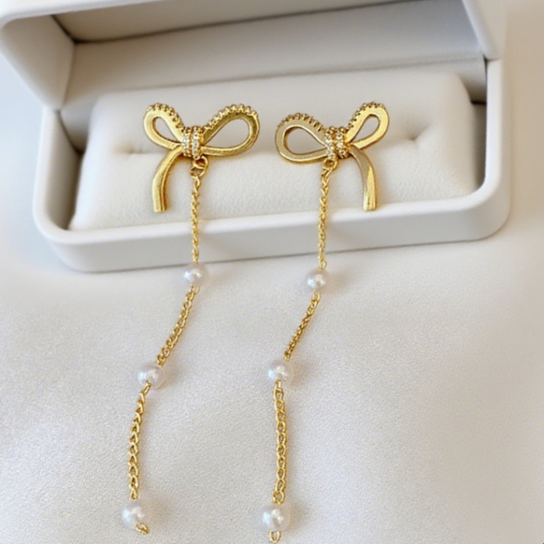 Golden Ribbon Pearl Dangles