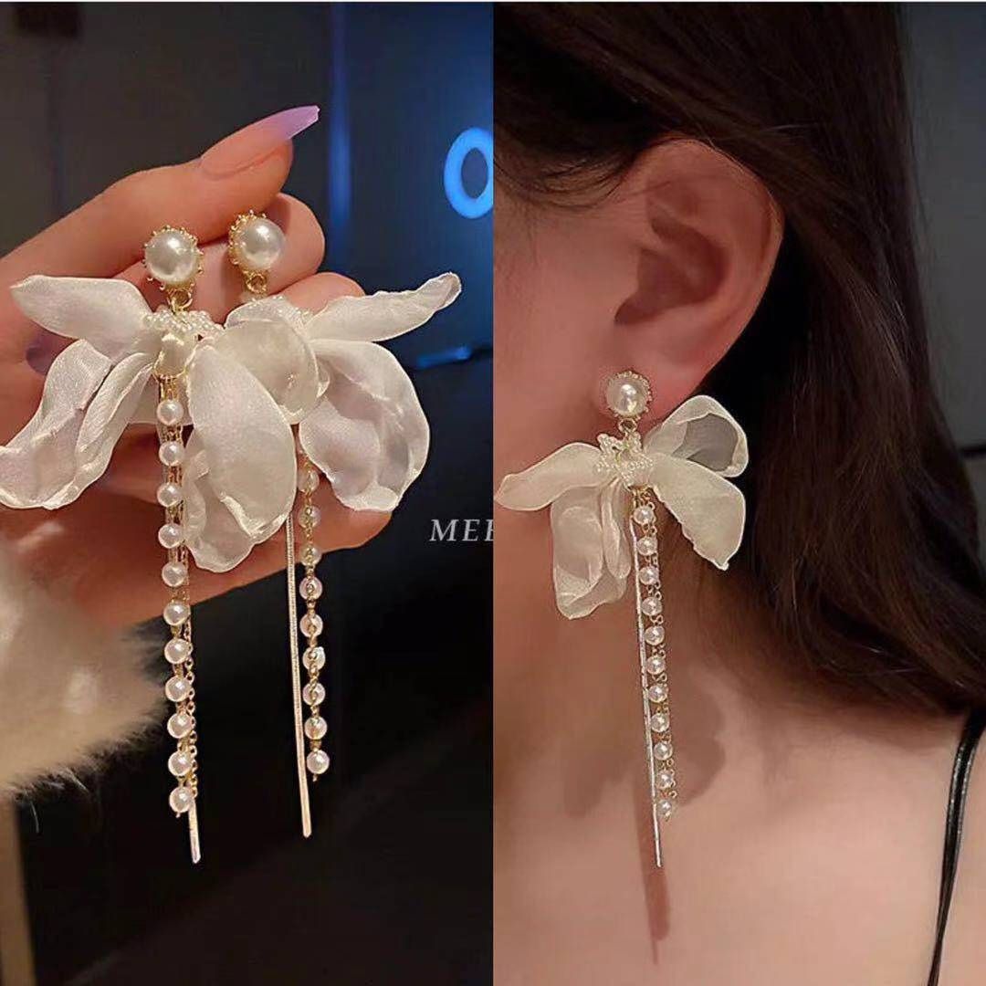 Chiffon Bow & Pearl Tassel Earrings