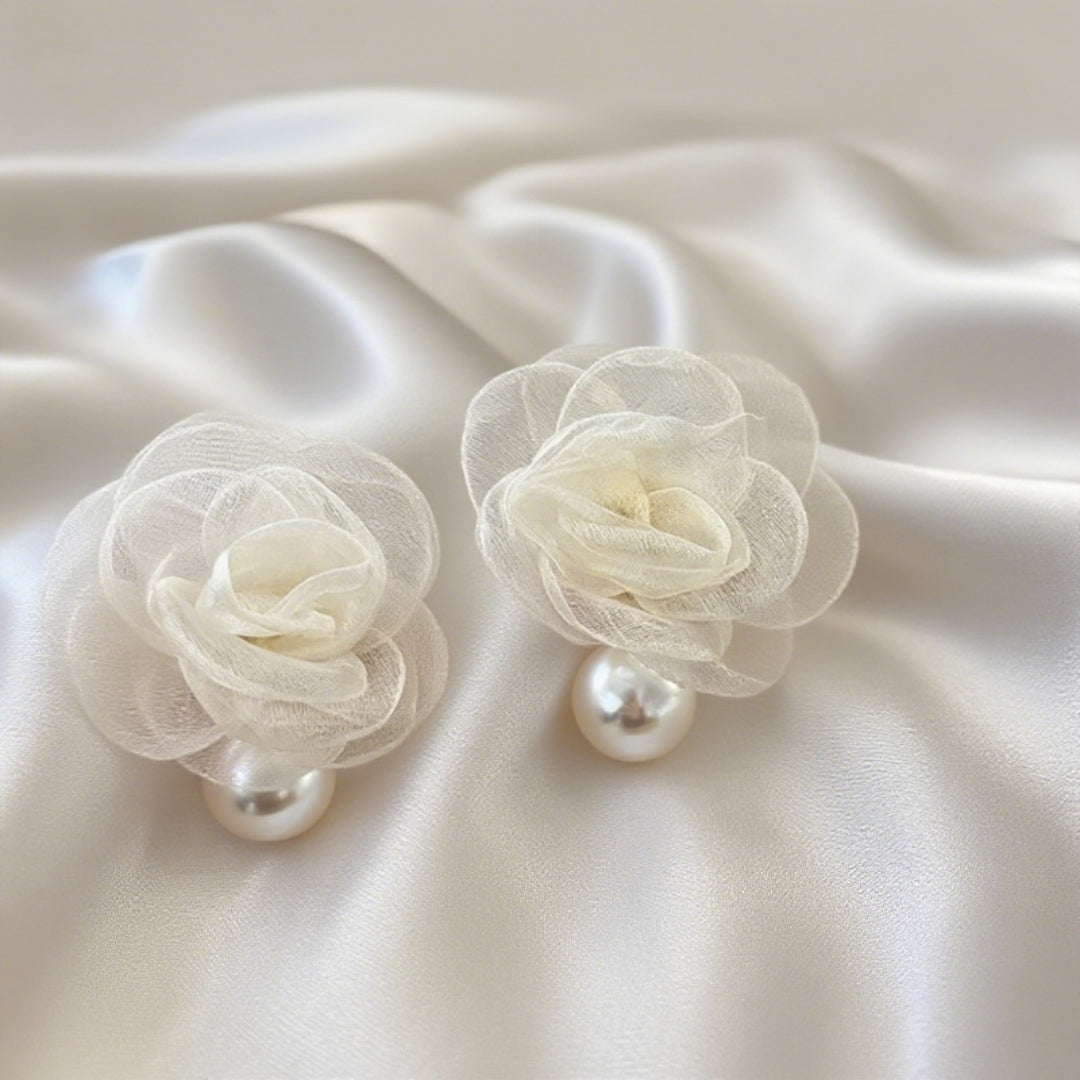 White Rose Pearl Earrings