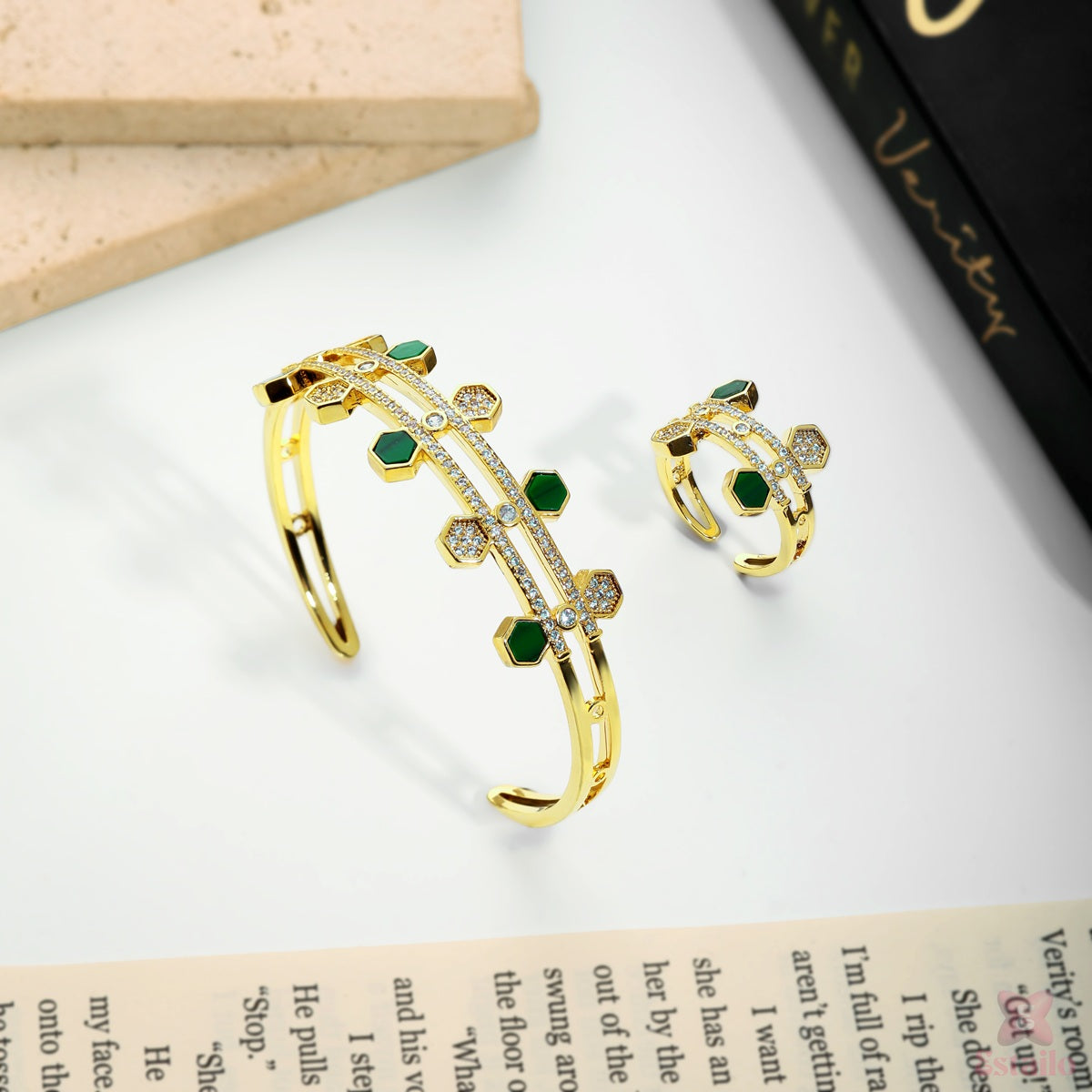 Gilded Green Glamour Bracelet and Ring