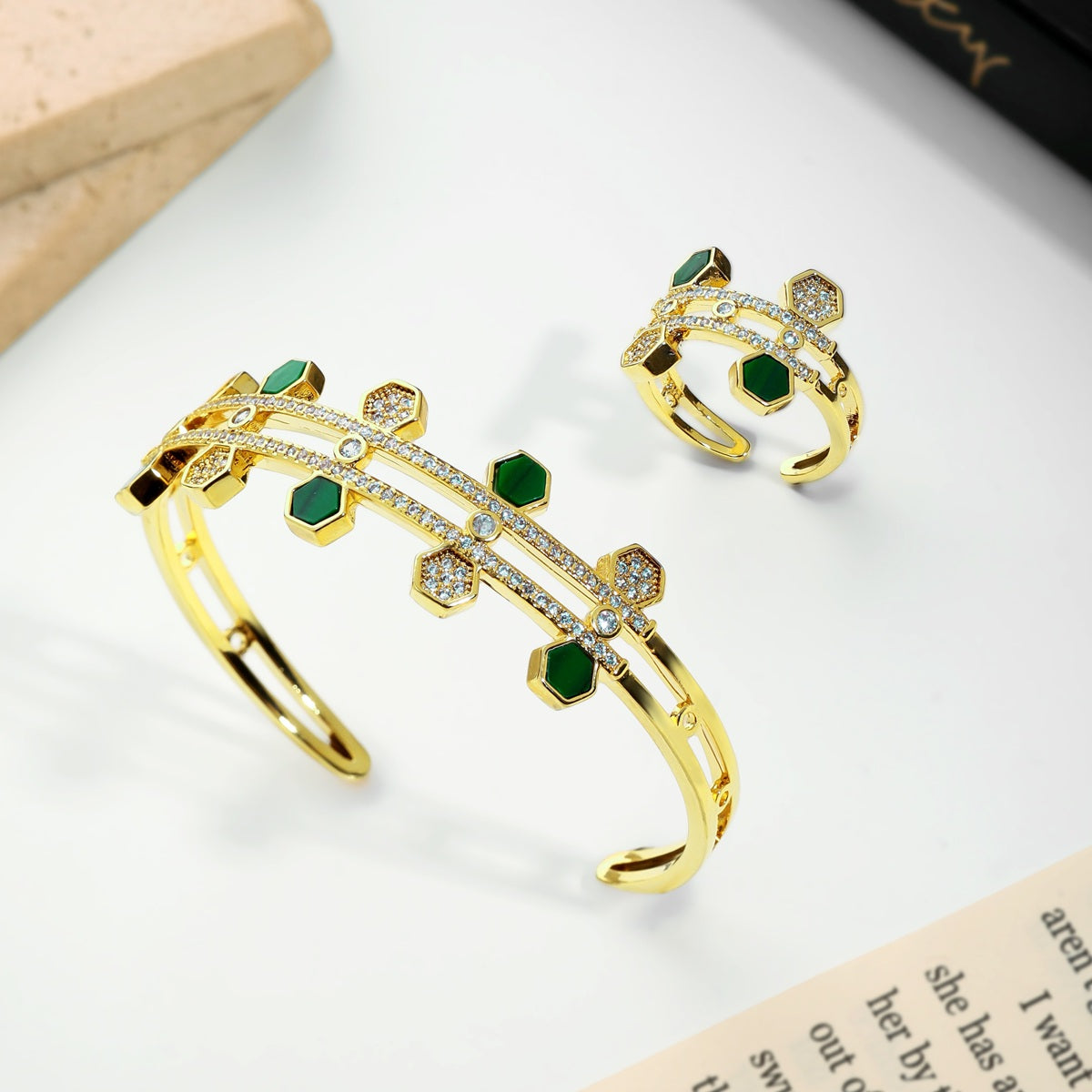 Gilded Green Glamour Bracelet and Ring