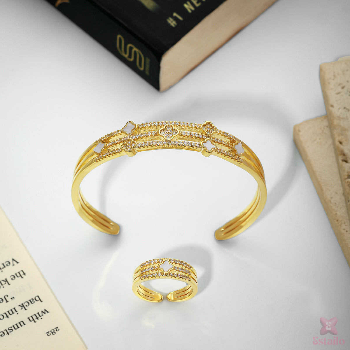 Enchanted Clover Cuff Bracelet and ring