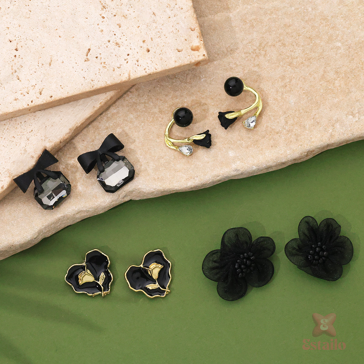 Black Crystal Bow Stud Earrings