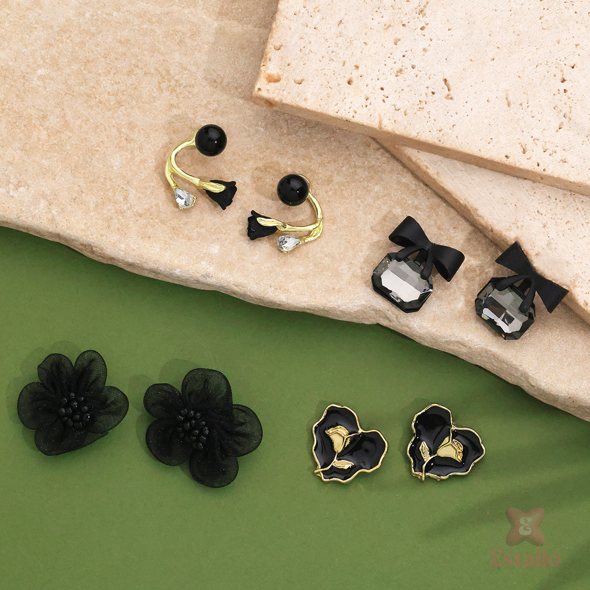 Black Crystal Bow Stud Earrings