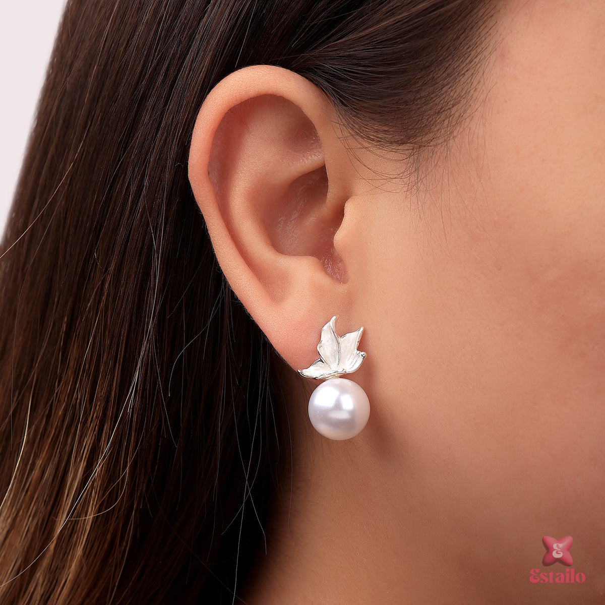 Silver Petal Pearl Drops Earring