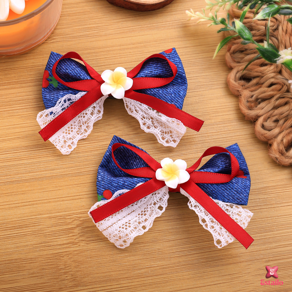Cherry Blossom Denim Bow Clip