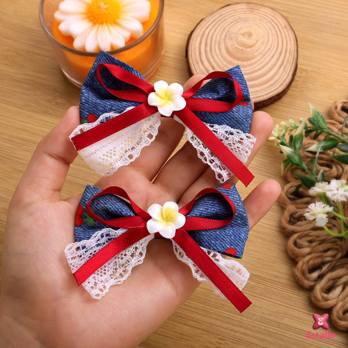 Cherry Blossom Denim Bow Clip