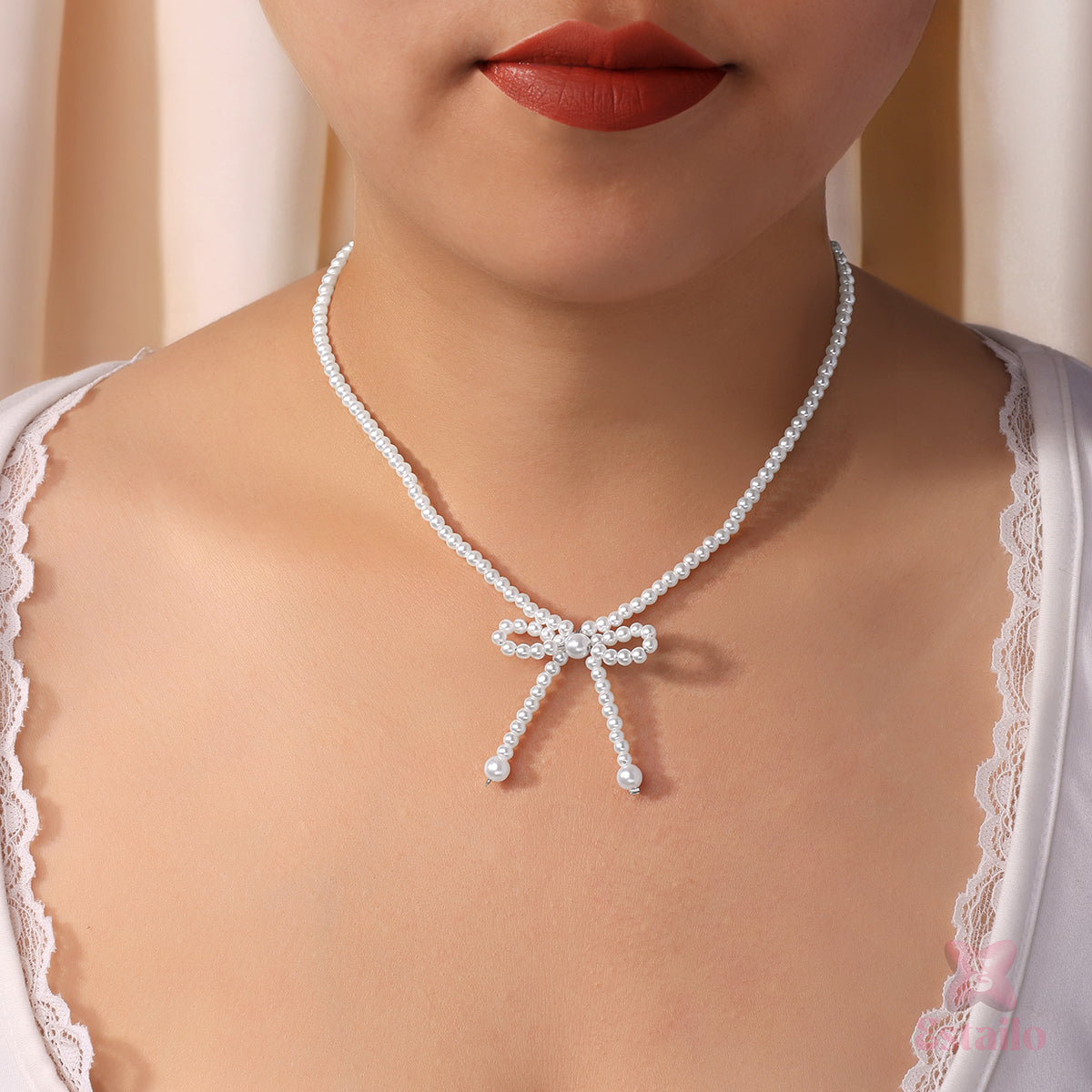 Beaded Bow Pearl Necklace