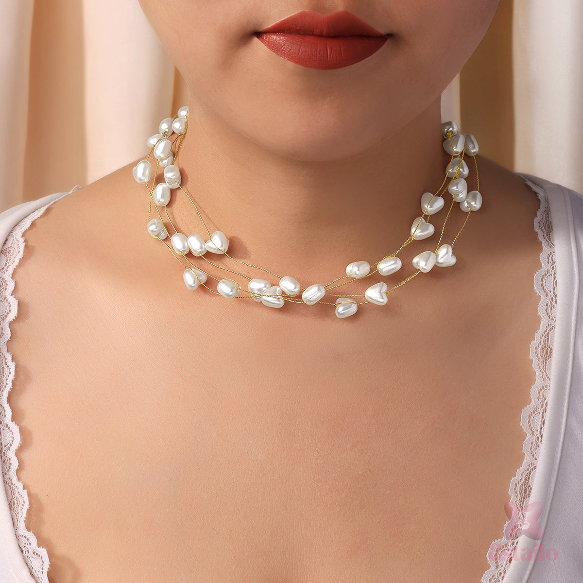 White Heart-Pearl Choker Necklace