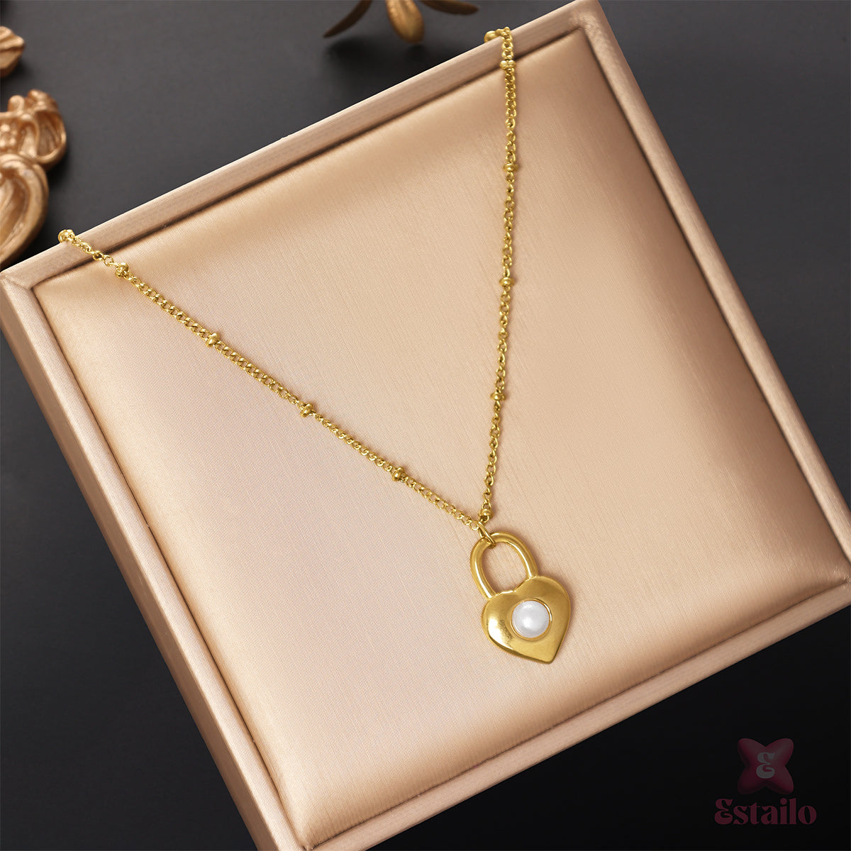 Pearlized Heart Lock Charm Necklace