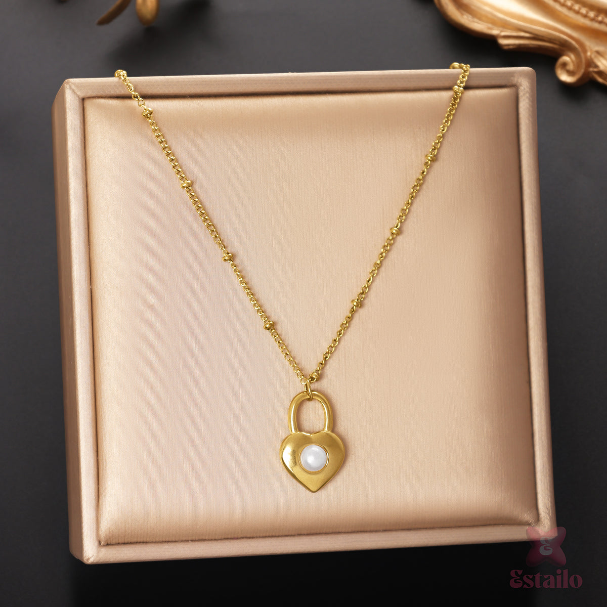 Pearlized Heart Lock Charm Necklace