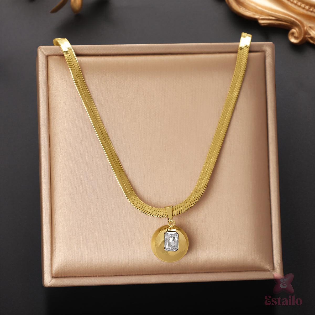 Gleaming Medallion Herringbone Necklace