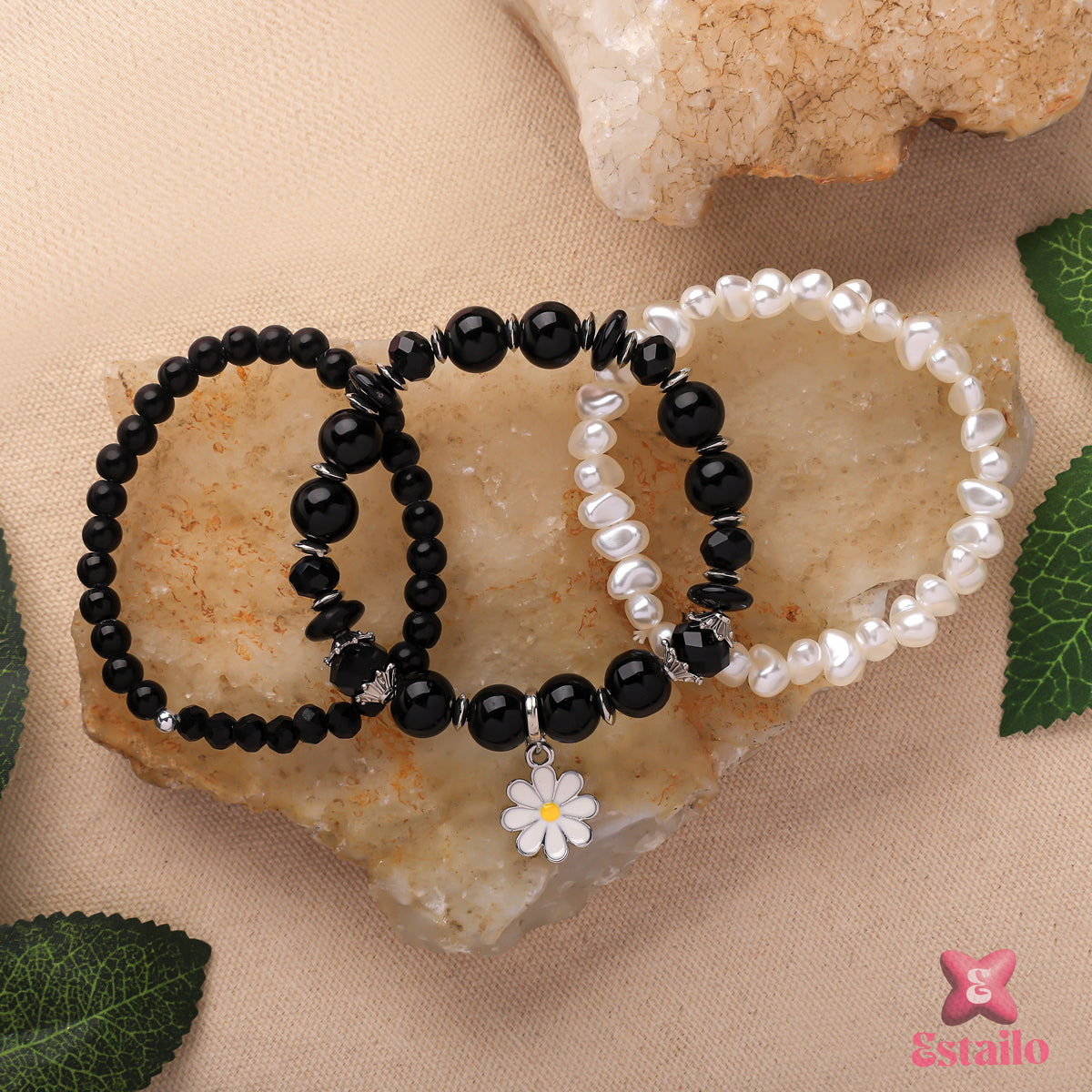Black Stone & Pearl Bracelet