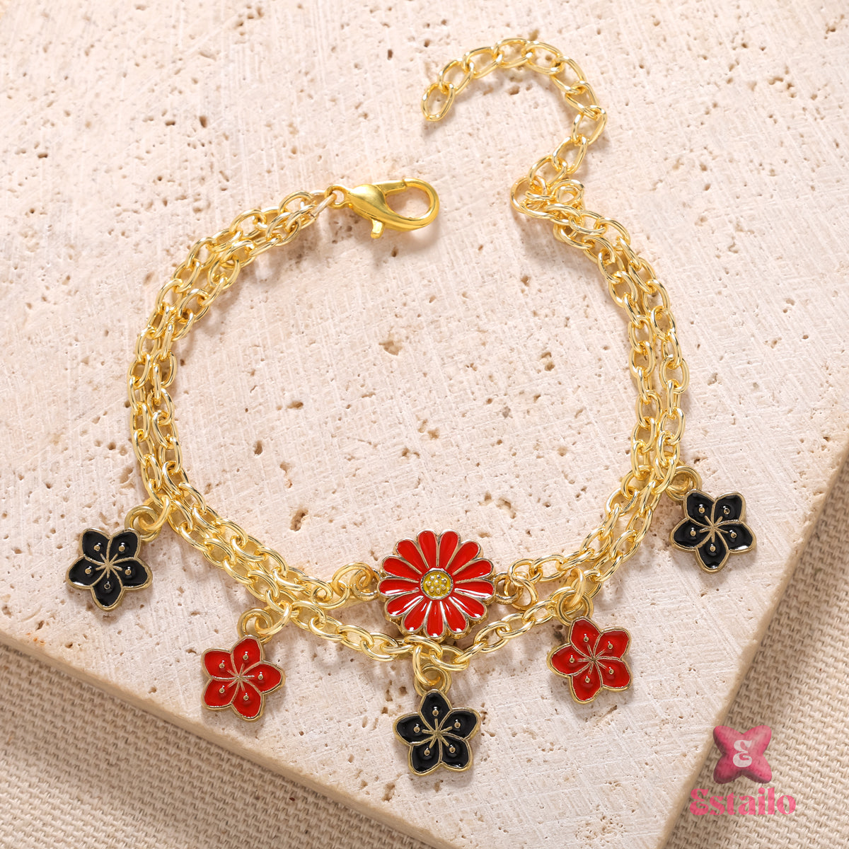Crimson & Onyx Daisy Charm Bracelet