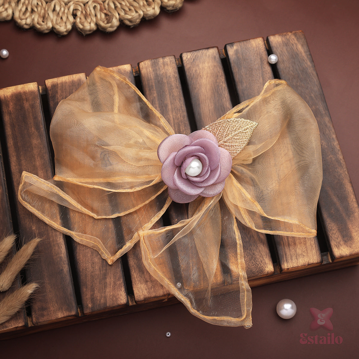 Golden Petal Organza Bow Clip