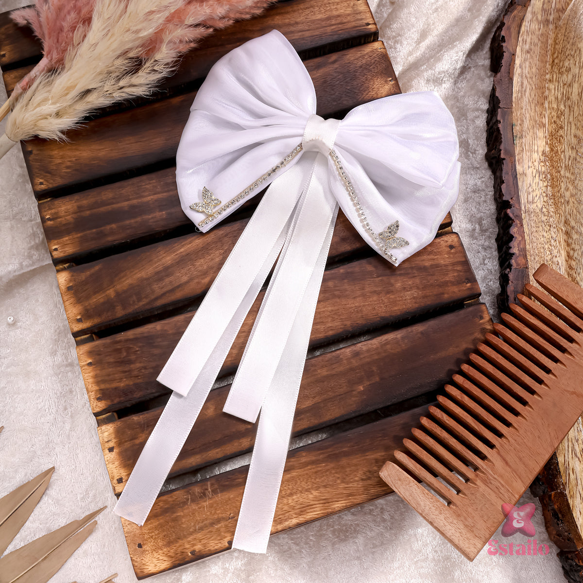 Embellished White Hair Bow Clip