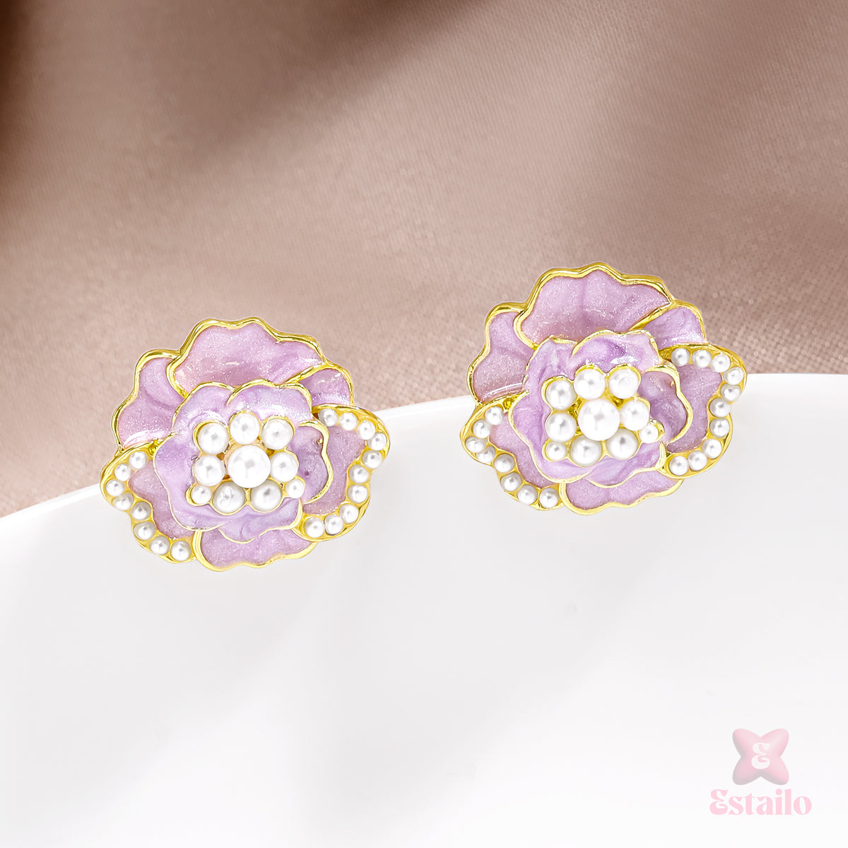 Lavender Peony Pearl Studs Earrings