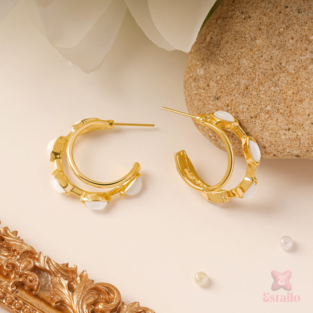 Golden Pearl Hoops Earrings