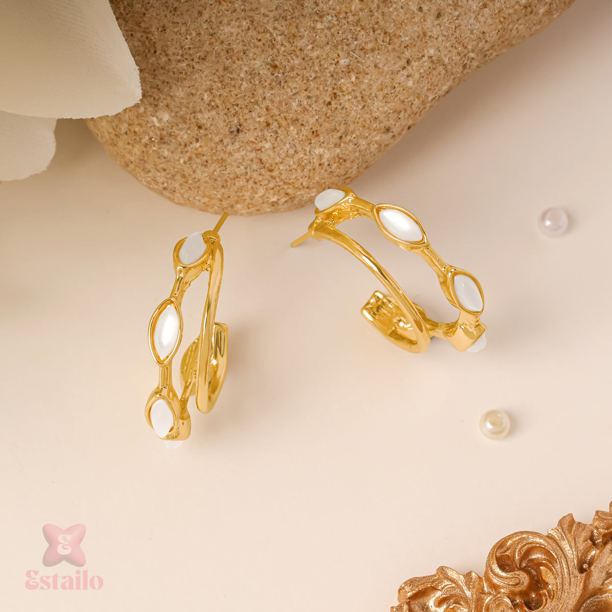 Golden Pearl Hoops Earrings