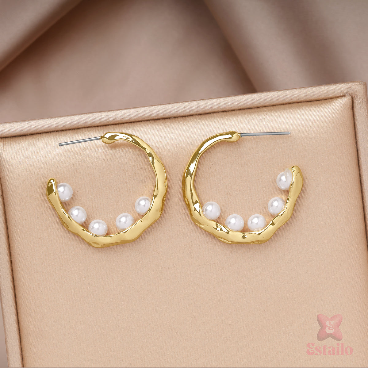 Pearl Crescent Hoops Earring