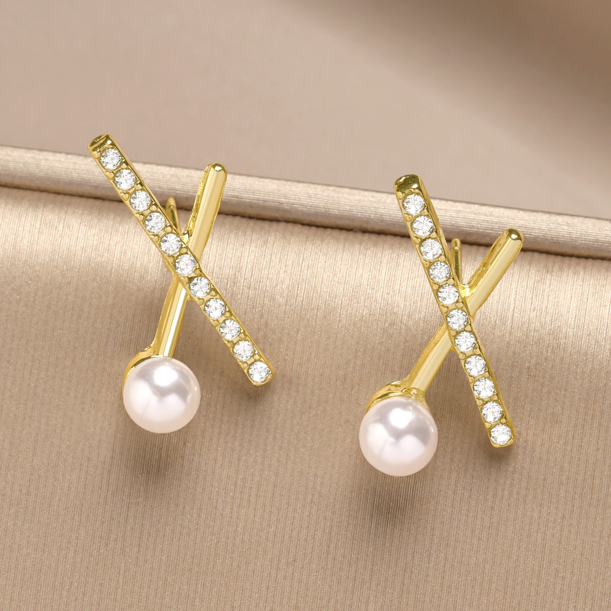 Pearl Cross Charm Studs Earrings