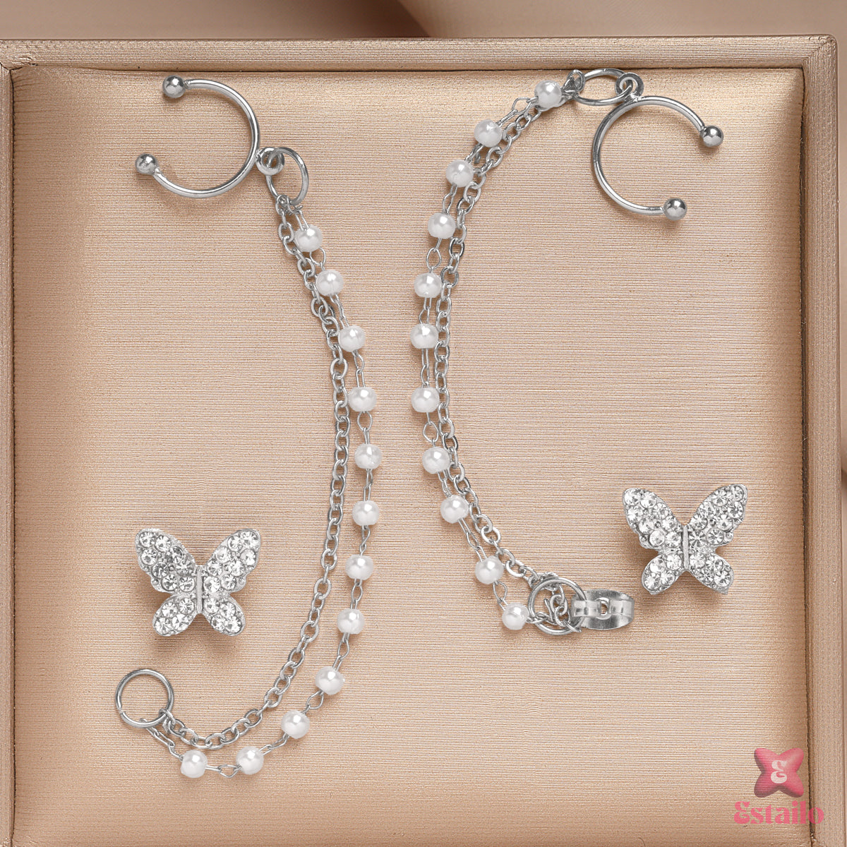Pearl Butterfly Chain Cuff Earrings