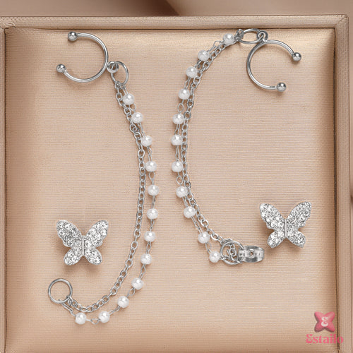 Pearl Butterfly Chain Cuff Earrings