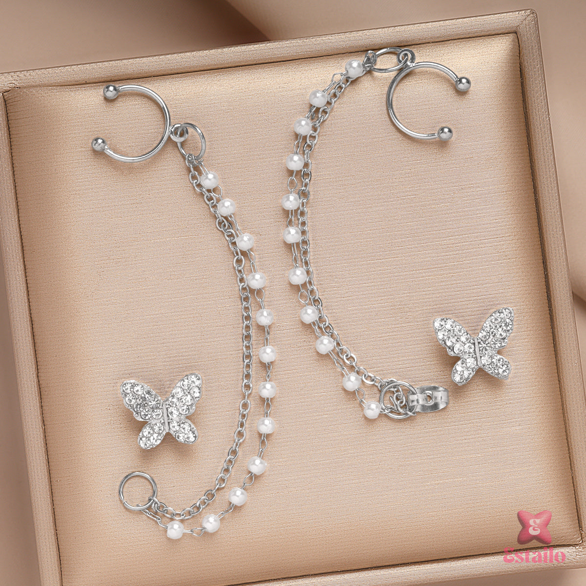 Pearl Butterfly Chain Cuff Earrings