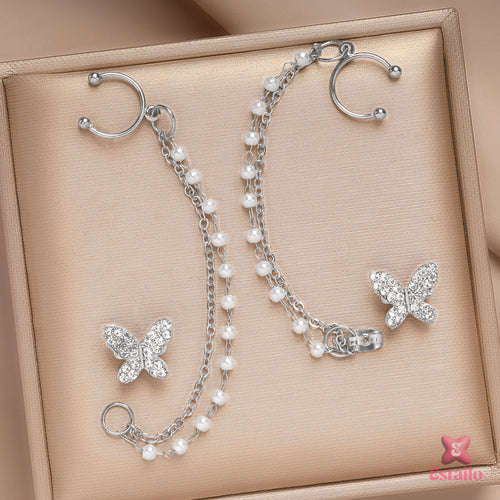 Pearl Butterfly Chain Cuff Earrings