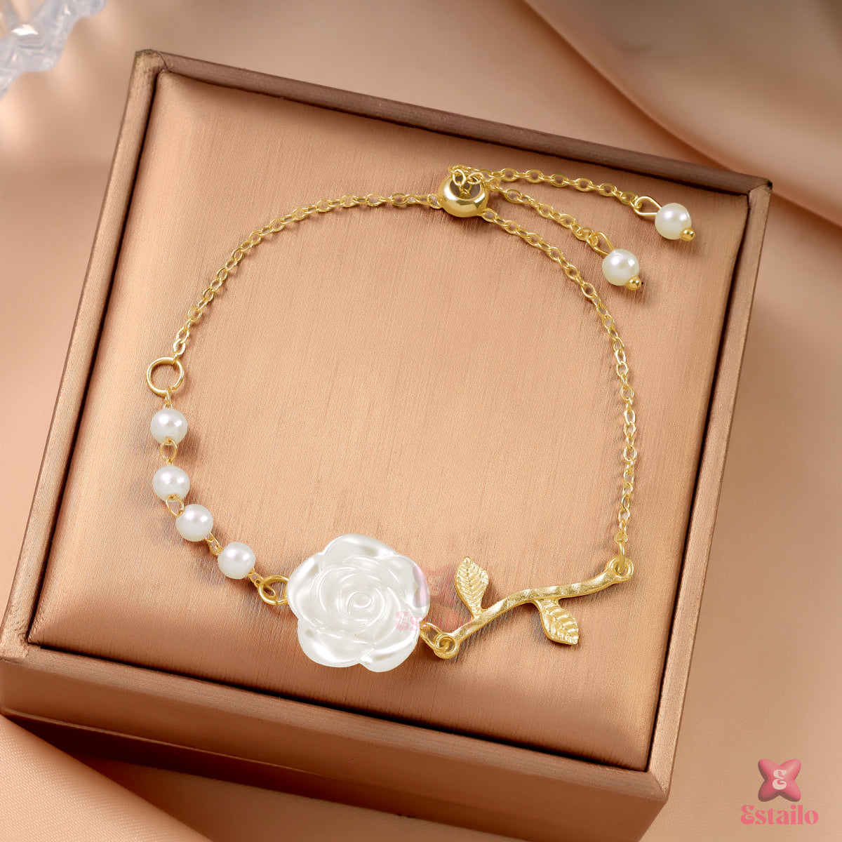 White Rose & Pearl Charm Bracelet