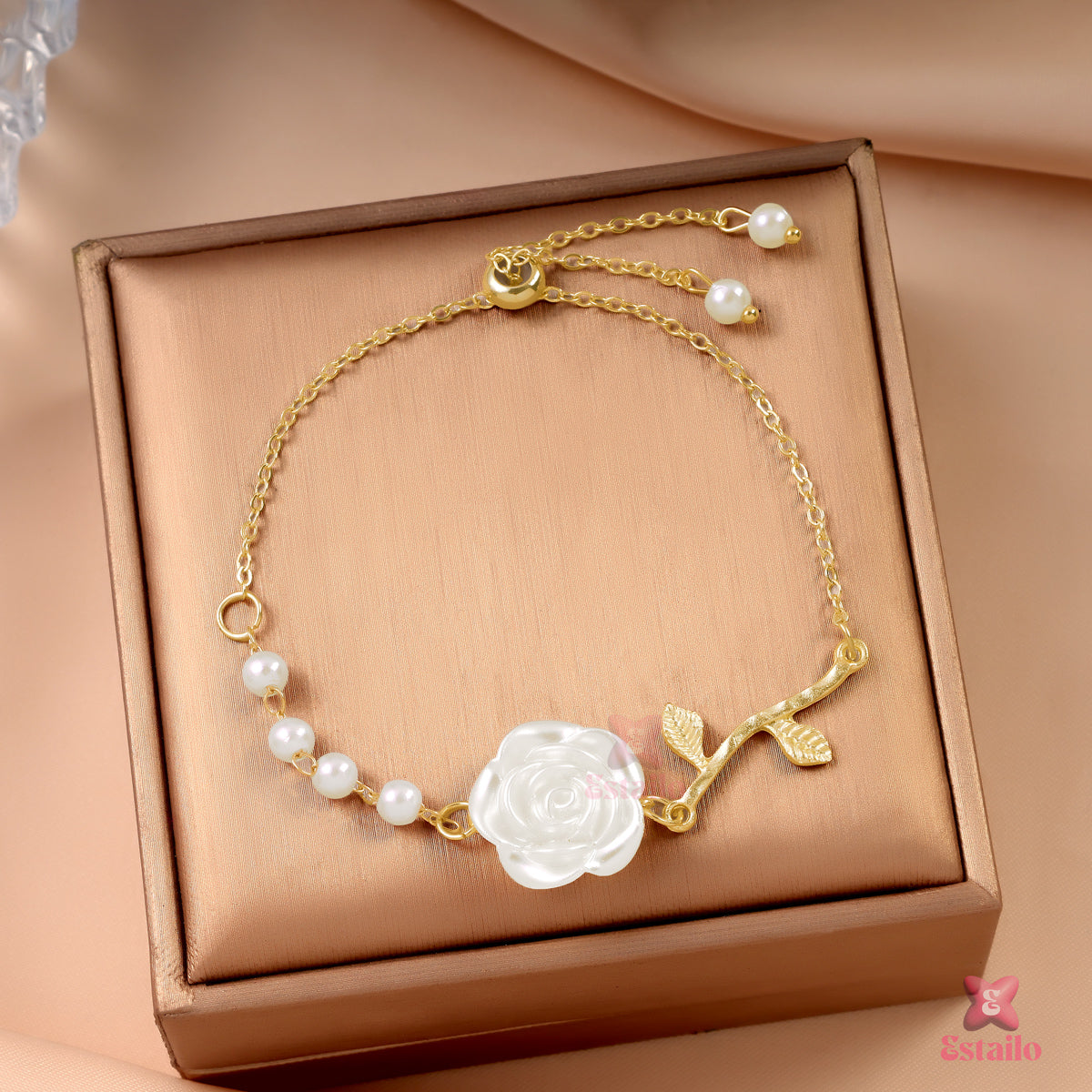 White Rose & Pearl Charm Bracelet