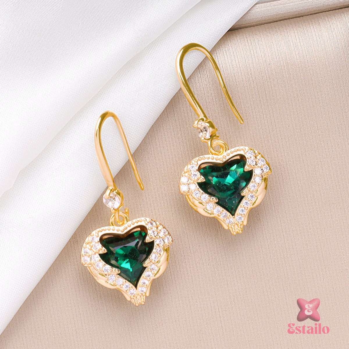 Golden Emerald Hearts Earrings