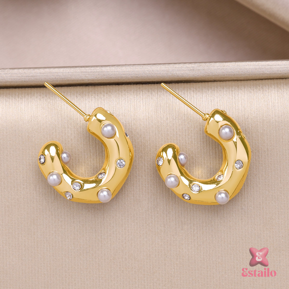 Pearl & Pave C-Hoops Earrings
