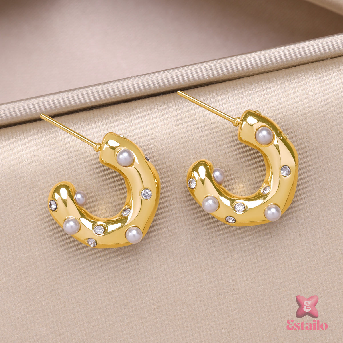 Pearl & Pave C-Hoops Earrings