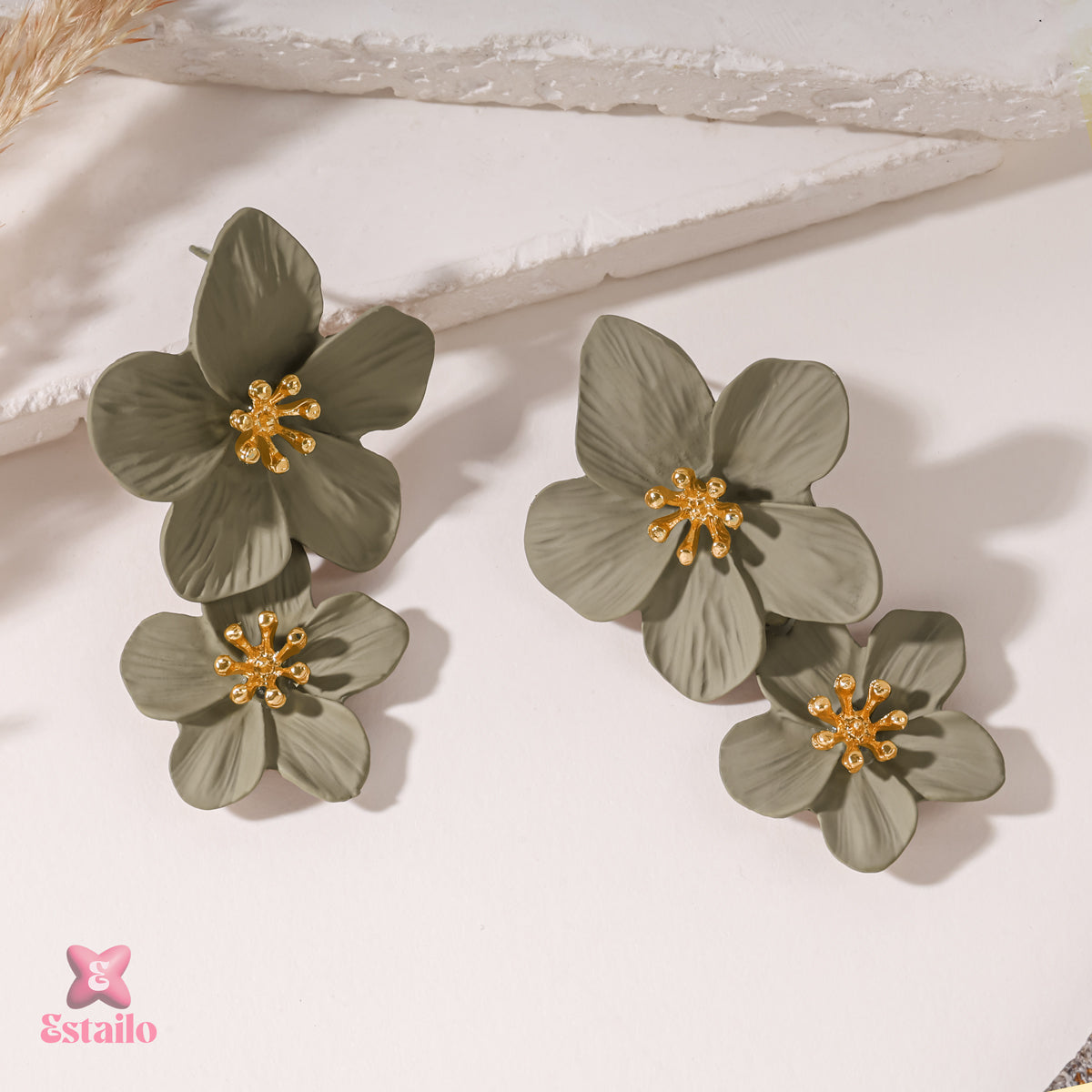 Olive Gold Floral Clusters Earrings
